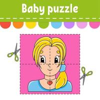 Baby puzzle. Easy level. Flash cards. Cut and play. Pleasant lovely woman. Color activity worksheet. Game for children. Cartoon character. vector