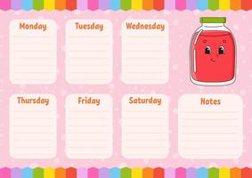 School schedule. Timetable for schoolboys. Empty template. Weekly planer with notes. Isolated color vector illustration. Cartoon character.