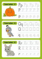 Writing letters. Tracing page. Practice sheet. Worksheet for kids. exercise for preschools. Learn alphabet. Cute characters. Vector illustration. Cartoon style.