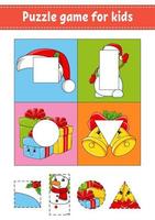 Puzzle game for kids. Cut and paste. Christmas theme. Cutting practice. Learning shapes. Education worksheet. Circle, square, rectangle, triangle. Activity page. Cartoon character. vector