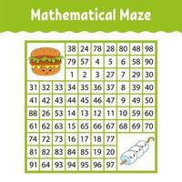 Mathematical square maze. Game for kids. Number labyrinth. Education worksheet. Activity page. Puzzle for children. Cartoon characters. Color vector illustration.