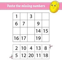 Paste the missing numbers 1-20. Game for children. Handwriting practice. Learning numbers for kids. Education developing worksheet. Activity page. Isolated vector illustration in cute cartoon style.