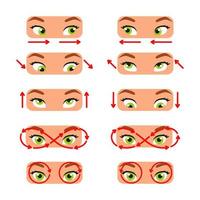 A set of exercises for the eyes. For better vision, relaxation, stretching, focus, training the eye muscles. Cartoon style. Color vector illustration isolated on white background.