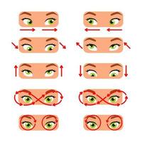 A set of exercises for the eyes. For better vision, relaxation, stretching, focus, training the eye muscles. Cartoon style. Color vector illustration isolated on white background.