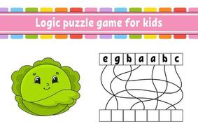 Logic puzzle game. Learning words for kids. Vegetable cabbage. Find the hidden name. Worksheet, Activity page. English game. Isolated vector illustration. Cartoon character.