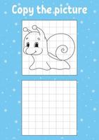 Copy the picture. Snail mollusk. Coloring book pages for kids. Education developing worksheet. Game for children. Handwriting practice. Funny character. Cartoon vector illustration.