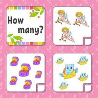 Counting game for children. Happy characters. Learning mathematics. How many object in the picture. Education worksheet. With space for answers. Isolated vector illustration in cute cartoon style.