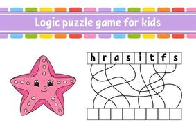 Logic puzzle game. Learning words for kids. Sea starfish. Find the hidden name. Worksheet, Activity page. English game. Isolated vector illustration. Cartoon character.