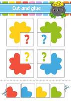 Cut and glue. Set flash cards. Education worksheet. Activity page. Four flower. Game for children. Cartoon character. Isolated vector illustration.