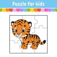 Puzzle game for kids. Orange tiger. Education worksheet. Color activity page. Riddle for preschool. Isolated vector illustration. Cartoon style.