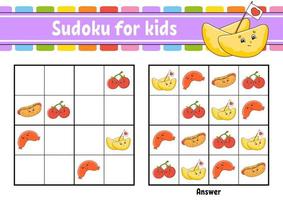 Sudoku for kids. Education developing worksheet. Cartoon character. Color activity page. Puzzle game for children. Logical thinking training. Isolated vector illustration.