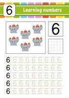 Trace and write. Handwriting practice. Learning numbers for kids. Education developing worksheet. Activity page. Isolated vector illustration in cute cartoon style.