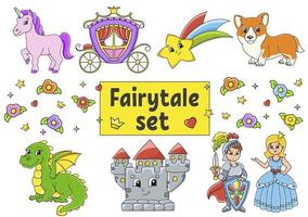 Set of stickers with cute cartoon characters. Fairytale theme. Hand drawn. Colorful pack. Vector illustration. Patch badges collection. Label design elements. For daily planner, diary, organizer.