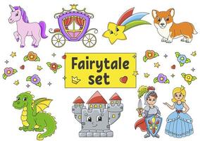 Set of stickers with cute cartoon characters. Fairytale theme. Hand drawn. Colorful pack. Vector illustration. Patch badges collection. Label design elements. For daily planner, diary, organizer.