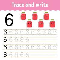 Number 6. Trace and write. Handwriting practice. Learning numbers for kids. Education developing worksheet. Color activity page. Isolated vector illustration in cute cartoon style.