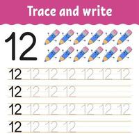 Trace and write. Number 12. Handwriting practice. Learning numbers for kids. Activity worksheet. Cartoon character. vector