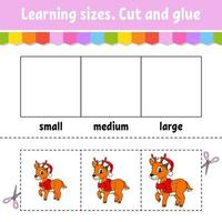 Learning sizes. Cut and glue. Easy level. Christmas theme. Color activity worksheet. Game for children. Cartoon character. Vector illustration.