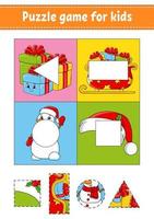 Puzzle game for kids. Cut and paste. Christmas theme. Cutting practice. Learning shapes. Education worksheet. Circle, square, rectangle, triangle. Activity page. Cartoon character. vector