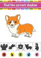 Find the correct shadow. Education developing worksheet. Activity page. Color game for children. Isolated vector illustration. Cartoon character.