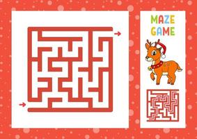 Christmas deer. Square maze. Game for kids. Puzzle for children. Labyrinth conundrum. Color vector illustration. Find the right path. With answer. Isolated vector illustration. Cartoon style.