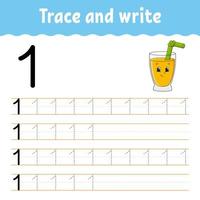 Number 1. Trace and write. Handwriting practice. Learning numbers for kids. Education developing worksheet. Color activity page. Isolated vector illustration in cute cartoon style.