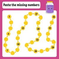 Paste the missing numbers. Handwriting practice. Learning numbers for kids. Glass jar. Education developing worksheet. Color activity page. Isolated vector illustration in cartoon style.