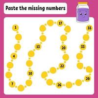 Paste the missing numbers. Handwriting practice. Learning numbers for kids. Glass jar. Education developing worksheet. Color activity page. Isolated vector illustration in cartoon style.