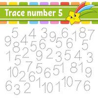 Trace number 5. Handwriting practice. Learning numbers for kids. Education developing worksheet. Activity page. Game for toddlers and preschoolers. Isolated vector illustration in cute cartoon style.