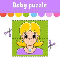 Baby puzzle. Easy level. Flash cards. Cut and play. Pleasant lovely woman. Color activity worksheet. Game for children. Cartoon character.