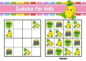 sudoku para niños. hoja de trabajo de desarrollo educativo. personaje animado. página de actividad de color. juego de rompecabezas para niños. entrenamiento del pensamiento lógico. ilustración vectorial aislada. S t. día de San Patricio. vector