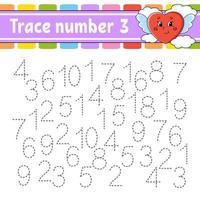 Trace number. Handwriting practice. Learning numbers for kids. Education developing worksheet. Activity page. Game for toddlers and preschoolers. Isolated vector illustration in cute cartoon style.