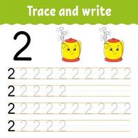 Number 2. Trace and write. Handwriting practice. Learning numbers for kids. Education developing worksheet. Color activity page. Isolated vector illustration in cute cartoon style.