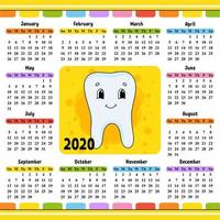 A healthy tooth without caries is smiling. Calendar for 2020 with a cute character. Fun and bright design. Isolated color vector illustration. Cartoon style.