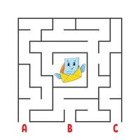 Square maze. Game for kids. Puzzle for children. Cartoon character envelope. Labyrinth conundrum. Color vector illustration. Find the right path. The development of logical and spatial thinking.