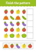 terminar el patrón. cortar y jugar. frutas y vegetales. hoja de trabajo de desarrollo educativo. página de actividad personaje de dibujos animados. vector