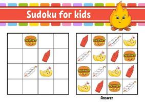 Sudoku for kids. Education developing worksheet. Cartoon character. Color activity page. Puzzle game for children. Logical thinking training. Isolated vector illustration.