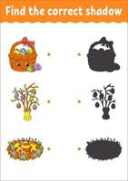 Find the correct shadow. Education developing worksheet. Matching game for kids. Color activity page. Puzzle for children. Cute character. Vector illustration. Cartoon style.