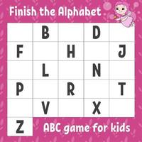 Finish the alphabet. ABC game for kids. Education developing worksheet. Learning game for kids. Color activity page. vector