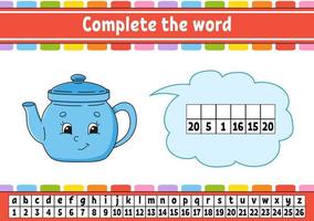 Complete the words. Cipher code. Learning vocabulary and numbers. Education worksheet. Activity page for study English. Isolated vector illustration. Cartoon character.