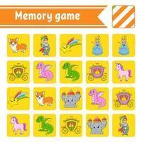 juego de memoria para niños. hoja de trabajo de desarrollo educativo. página de actividades con imágenes. juego de rompecabezas para niños. entrenamiento del pensamiento lógico. ilustración vectorial aislada. personaje divertido. estilo de dibujos animados. vector