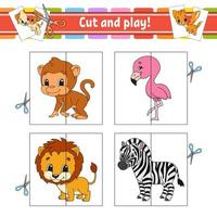 Cut and play. Flash cards. Color puzzle. Education developing worksheet. Activity page. Game for children. Funny character. Isolated vector illustration. Cartoon style.