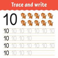 Trace and write. Handwriting practice. Learning numbers for kids. Education developing worksheet. Activity page. Game for toddlers and preschoolers. Isolated vector illustration in cute cartoon style.