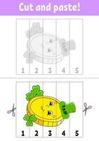 Learning numbers 1-5. Cut and glue. Cartoon character. Education developing worksheet. Game for kids. Activity page. Color isolated vector illustration. St. Patrick's day.