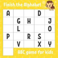 Finish the alphabet. ABC game for kids. Education developing worksheet. Learning game for kids. Color activity page. vector