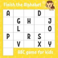 Finish the alphabet. ABC game for kids. Education developing worksheet. Learning game for kids. Color activity page. vector