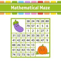 Mathematical maze. Game for kids. Number labyrinth. Education developing worksheet. Activity page. Puzzle for children. Cartoon characters. Riddle for preschool. Color vector illustration