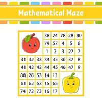 Mathematical maze. Game for kids. Number labyrinth. Education developing worksheet. Activity page. Puzzle for children. Cartoon characters. Riddle for preschool. Color vector illustration