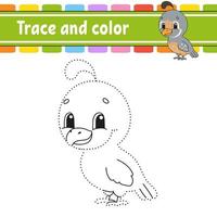 Trace and color. Quail bird. Coloring page for kids. Handwriting practice. Education developing worksheet. Activity page. Game for toddlers. Isolated vector illustration. Cartoon style.