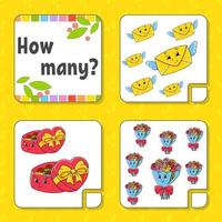 Counting game for children. Happy characters. Learning mathematics. How many object in the picture. Education worksheet. With space for answers. Isolated vector illustration in cute cartoon style.