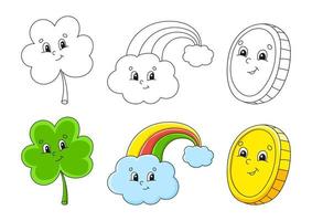 Set coloring page for kids. St. Patrick's Day. Clover shamrock. Magic rainbow. Gold coin. Cute cartoon characters. Black stroke. Vector illustration. With sample.